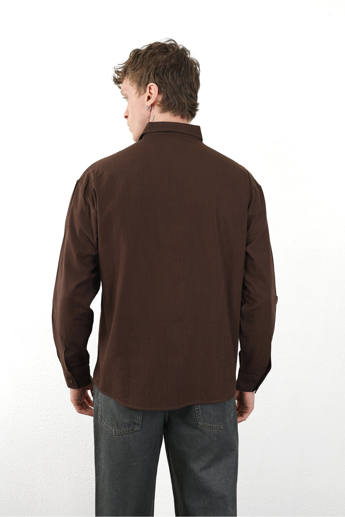 Keten Görünümlü %100 Pamuk Rahat Kalıp Düşük Omuz Erkek Sade Gömlek, Men's Plain Shirt