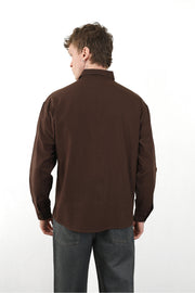 Keten Görünümlü %100 Pamuk Rahat Kalıp Düşük Omuz Erkek Sade Gömlek, Men's Plain Shirt | Renk: Kahverengi