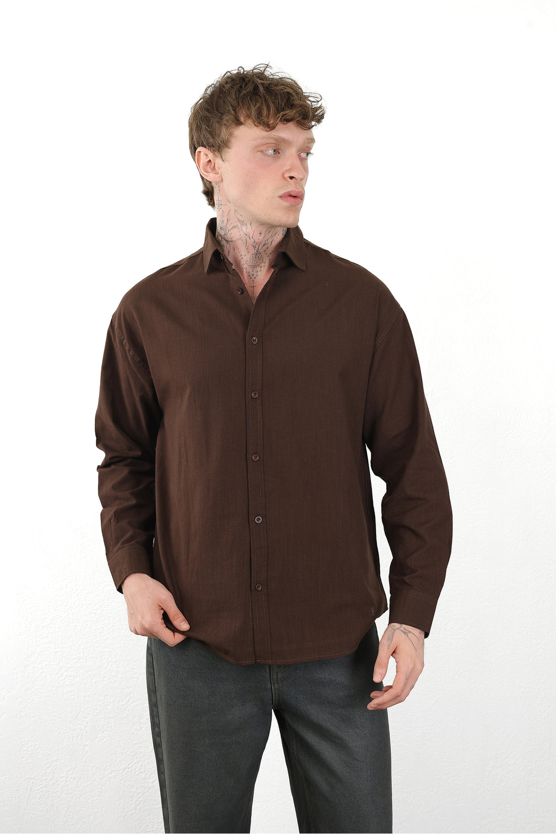 Keten Görünümlü %100 Pamuk Rahat Kalıp Düşük Omuz Erkek Sade Gömlek, Men's Plain Shirt