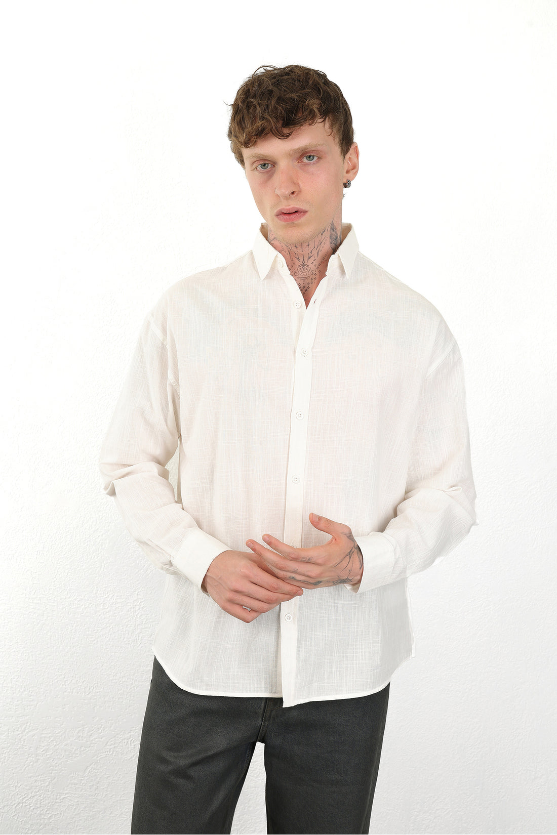 Keten Görünümlü %100 Pamuk Rahat Kalıp Düşük Omuz Erkek Sade Gömlek, Men's Plain Shirt