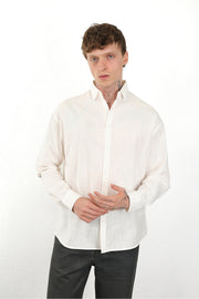 Keten Görünümlü %100 Pamuk Rahat Kalıp Düşük Omuz Erkek Sade Gömlek, Men's Plain Shirt | Renk: Ekru
