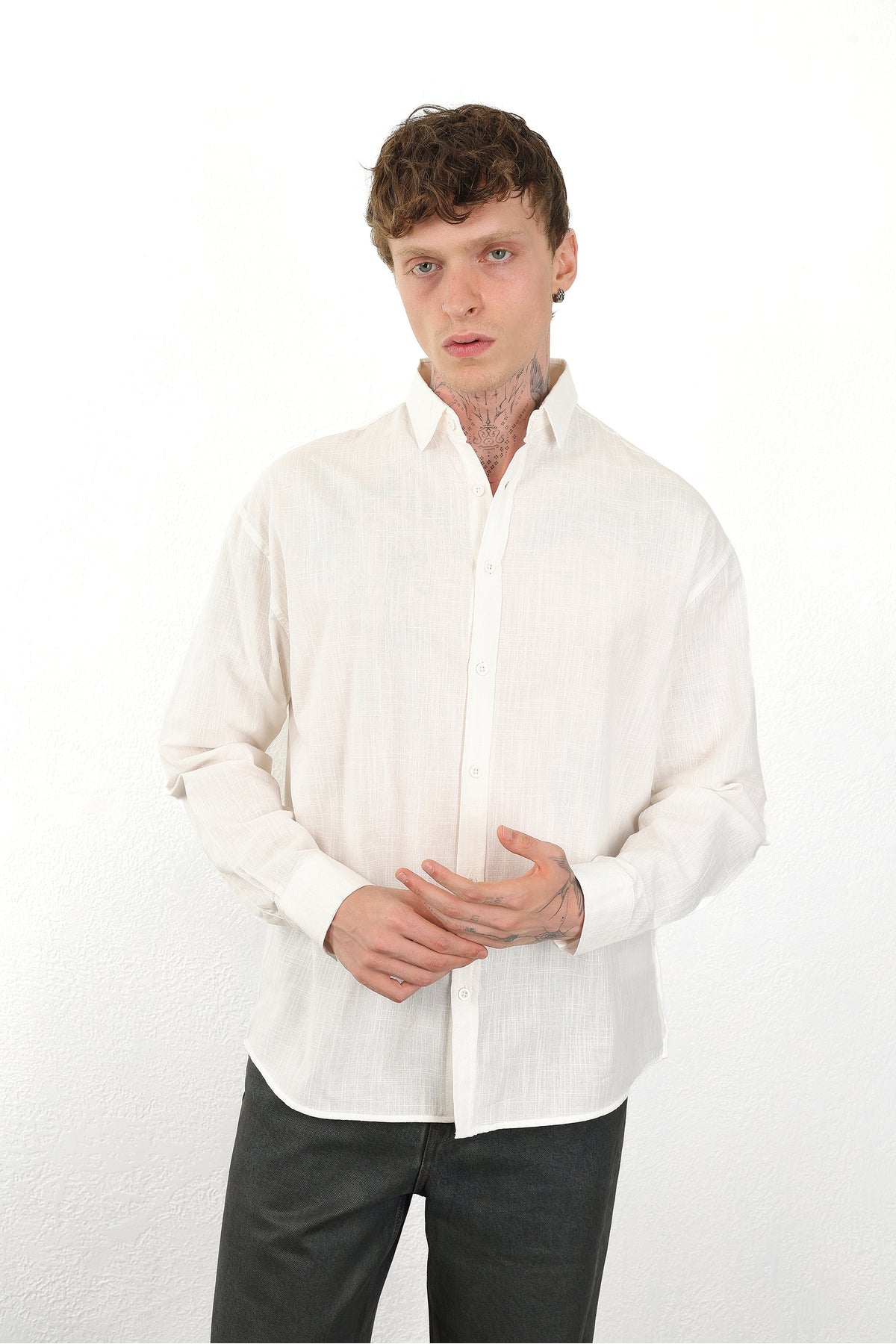 Keten Görünümlü %100 Pamuk Rahat Kalıp Düşük Omuz Erkek Sade Gömlek, Men's Plain Shirt | Renk: Ekru