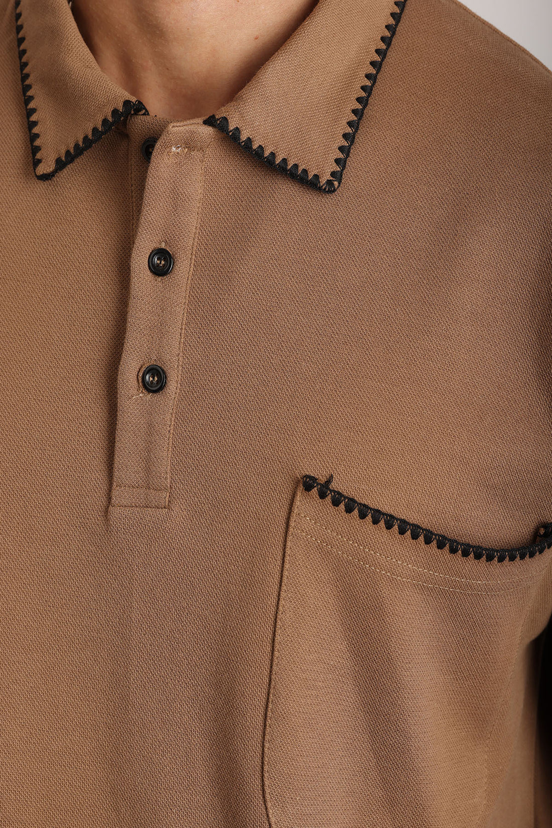 Yaka ve Cep Çoban Dikiş Detaylı Double Pike Kumaş Loose Fit Erkek Polo Yaka Tişört