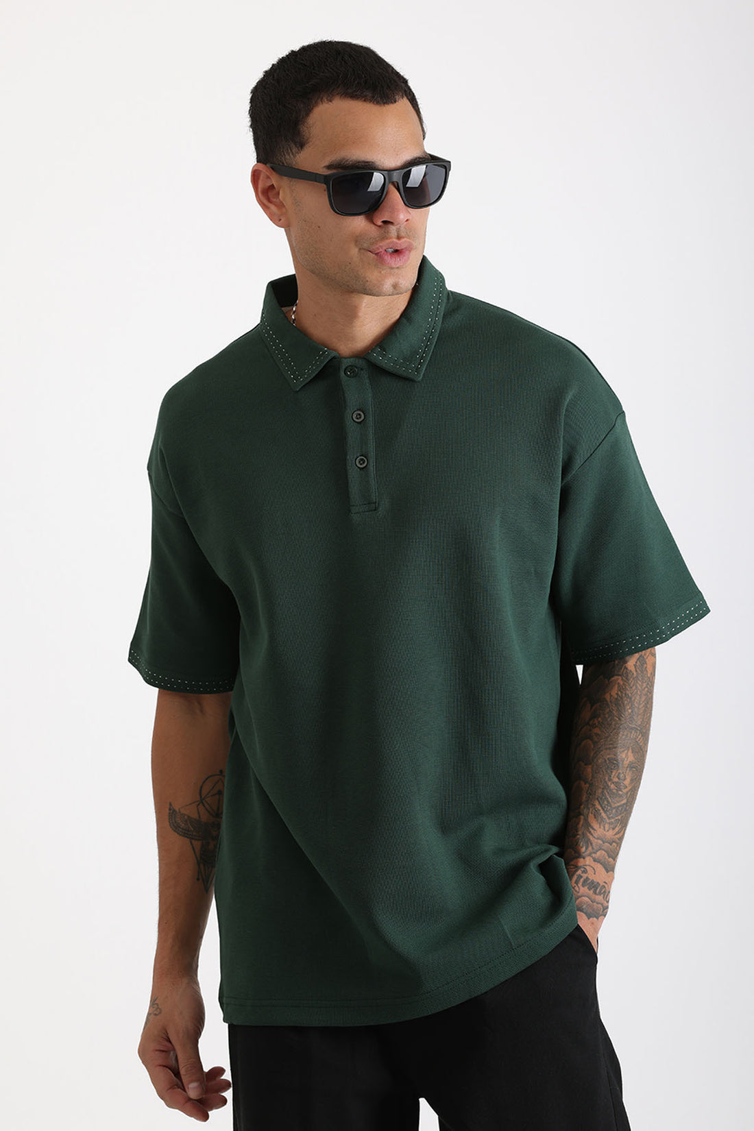 Yaka ve Kol Dikiş Detaylı Double Pike Kumaş Loose Fit Erkek Polo Yaka Tişört
