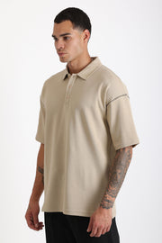 Omuz Çoban Dikiş Detaylı Double Pike Kumaş Loose Fit Erkek Polo Yaka Tişört | Renk: Bej