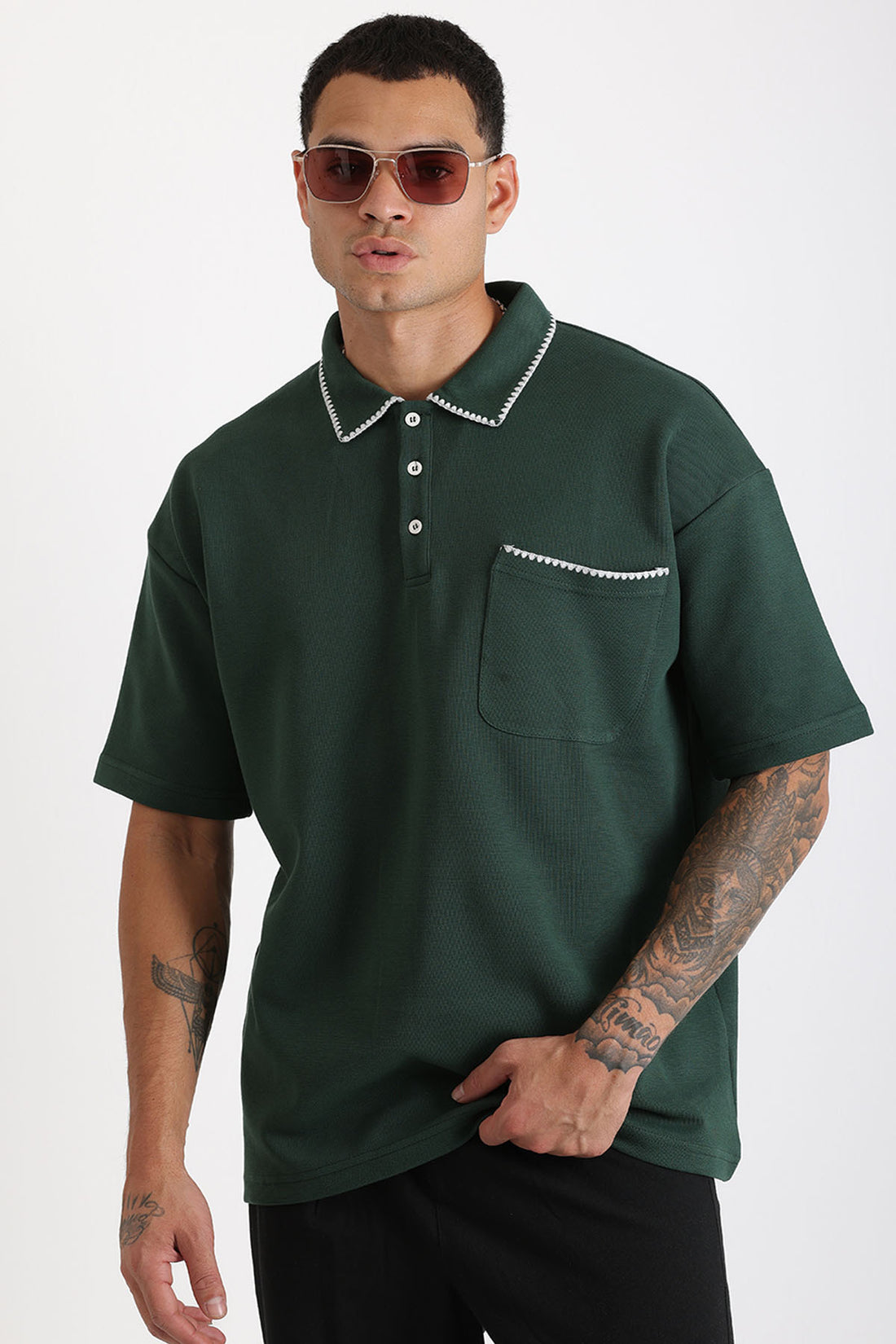 Yaka ve Cep Çoban Dikiş Detaylı Double Pike Kumaş Loose Fit Erkek Polo Yaka Tişört