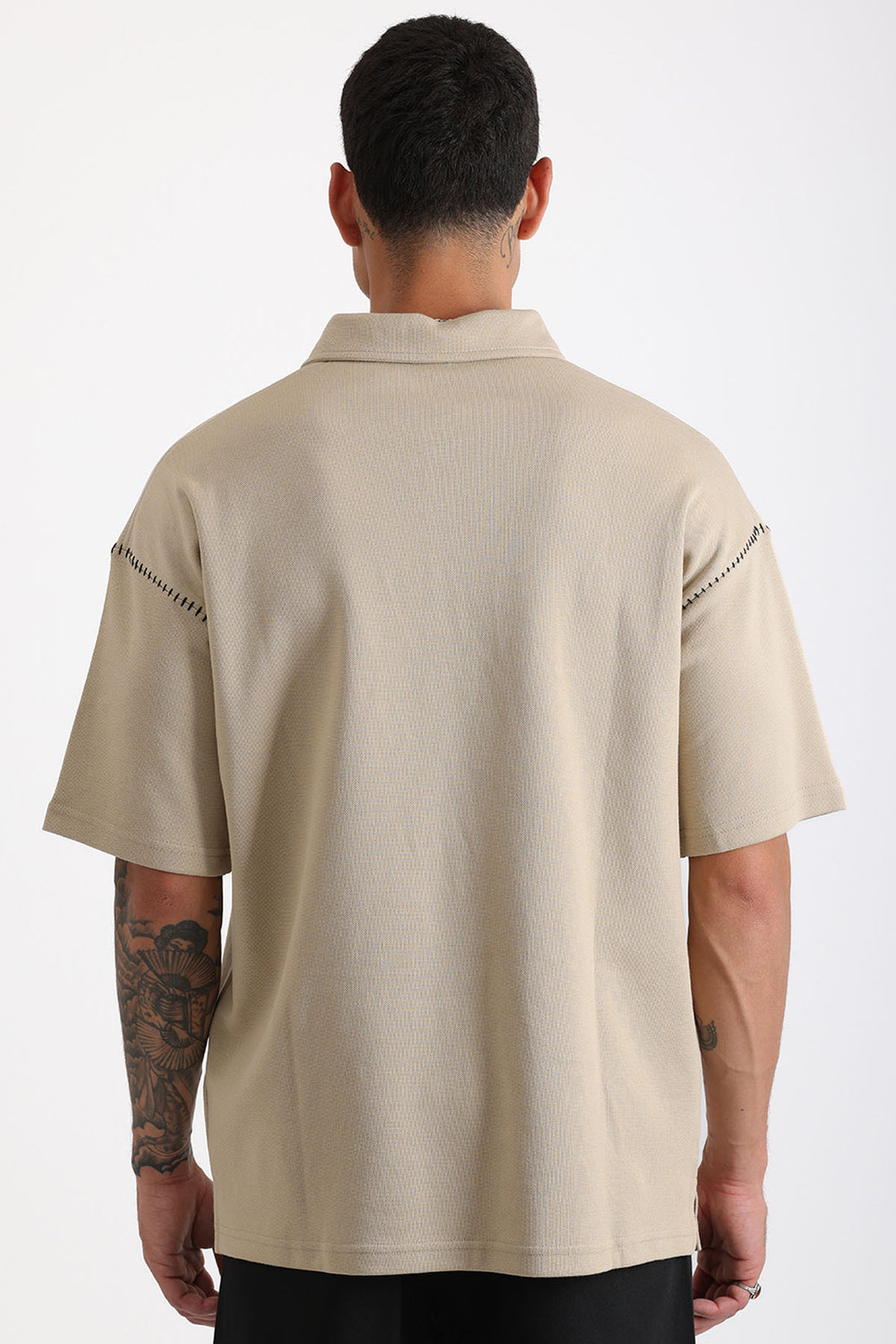 Omuz Çoban Dikiş Detaylı Double Pike Kumaş Loose Fit Erkek Polo Yaka Tişört