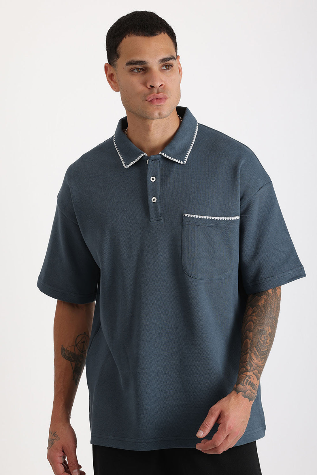 Yaka ve Cep Çoban Dikiş Detaylı Double Pike Kumaş Loose Fit Erkek Polo Yaka Tişört