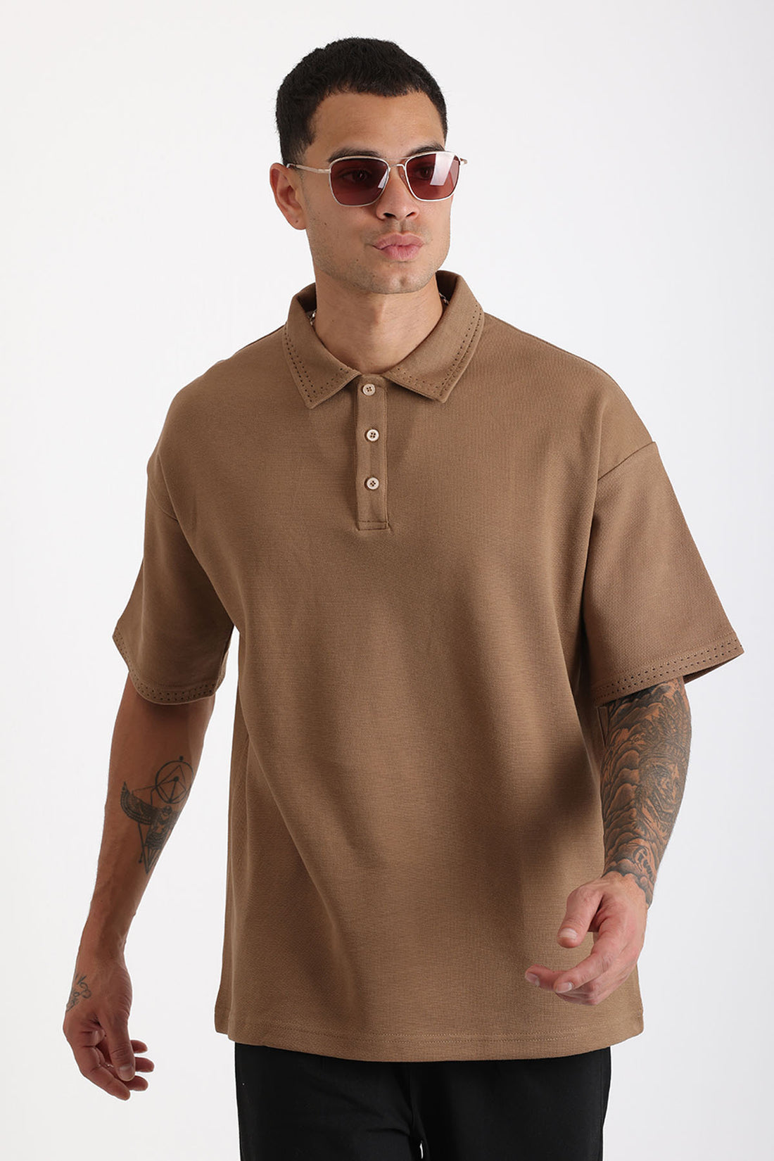 Yaka ve Kol Dikiş Detaylı Double Pike Kumaş Loose Fit Erkek Polo Yaka Tişört