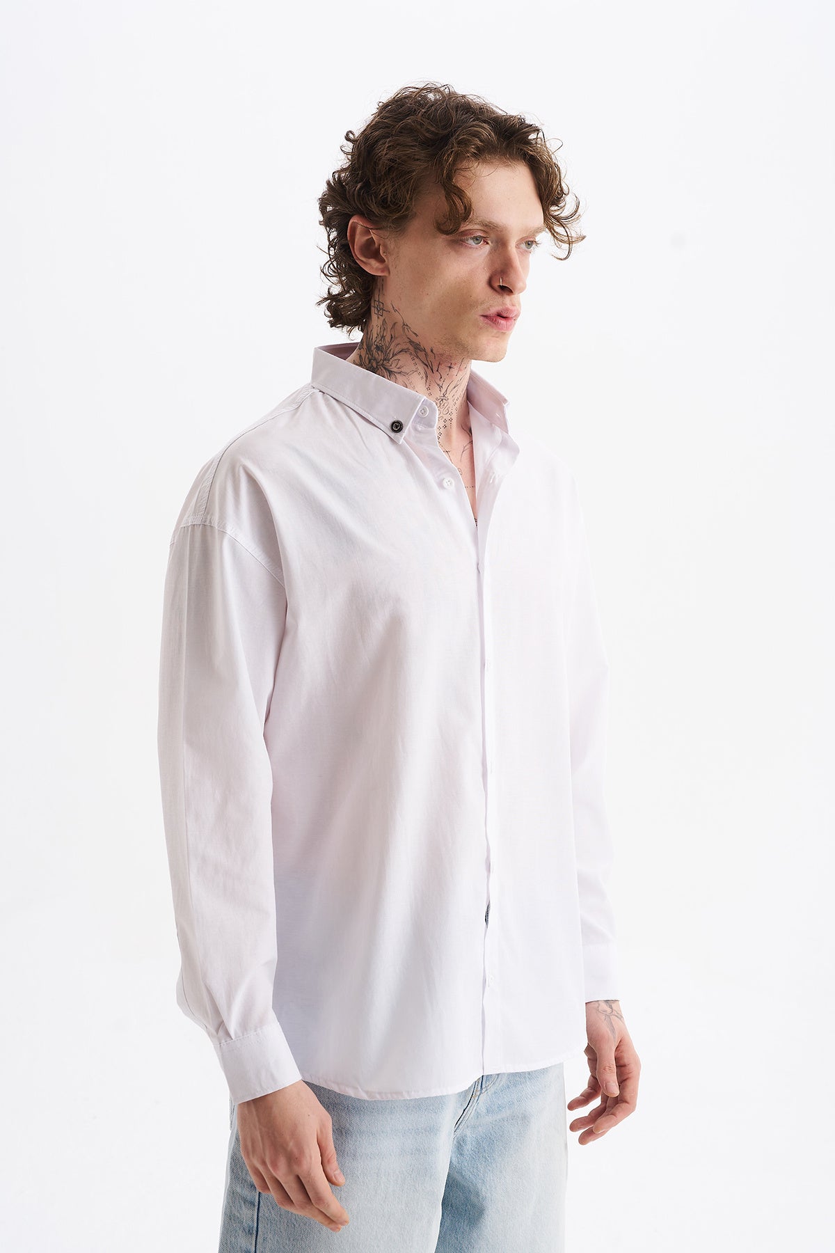 Poplin Kumaş, Rahat Kalıp Düşük Omuz, Erkek Sade Gömlek, Men's Plain Shirt | Renk: Beyaz