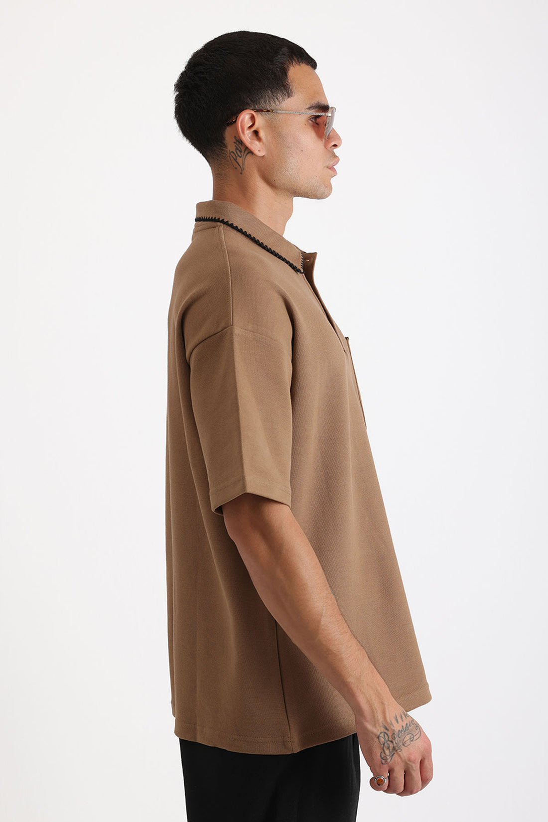 Yaka ve Cep Çoban Dikiş Detaylı Double Pike Kumaş Loose Fit Erkek Polo Yaka Tişört