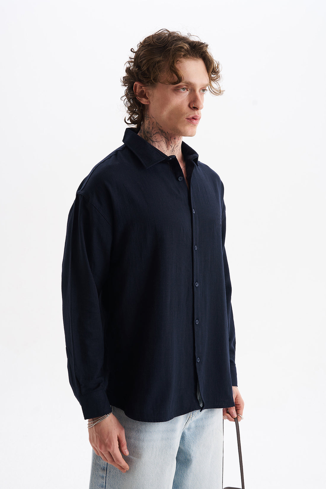 Keten Karışımlı %100 Pamuk Rahat Kalıp Düşük Omuz Erkek Sade Gömlek, Men's Plain Shirt