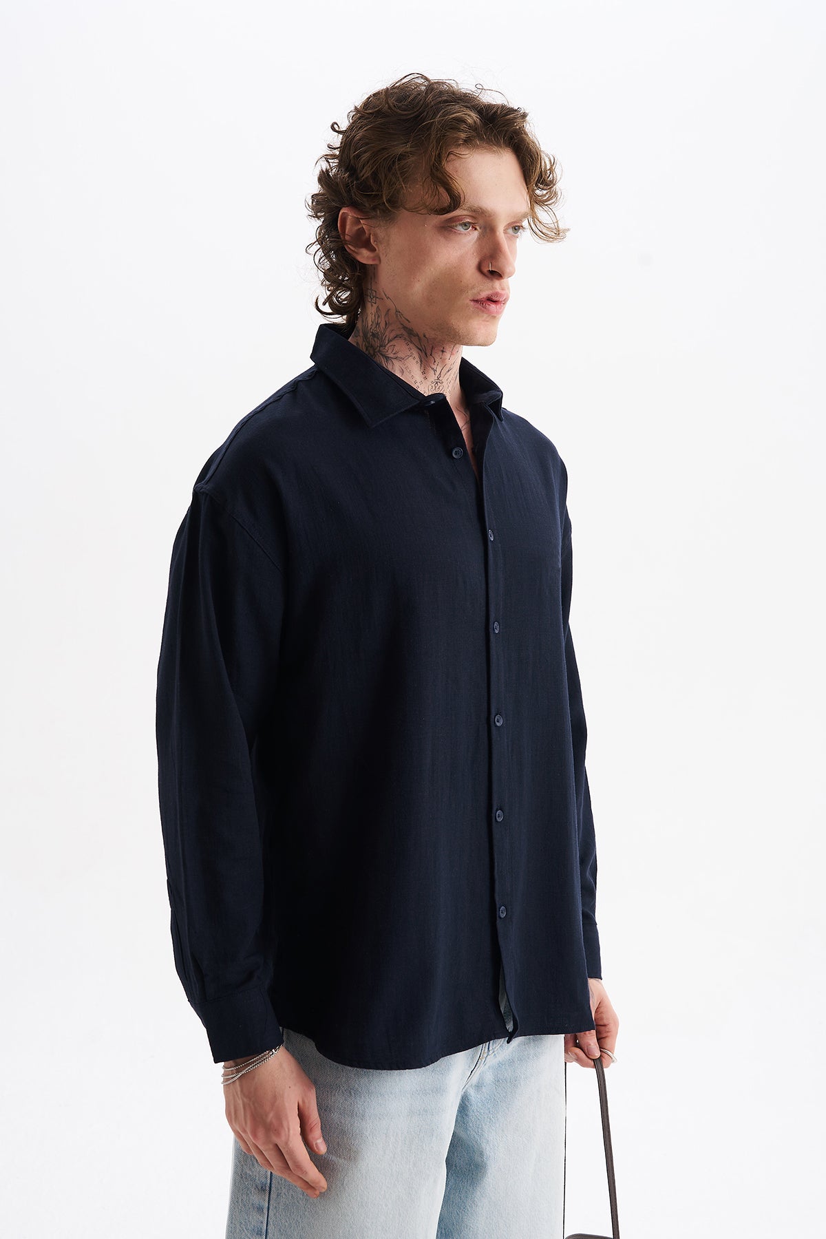 Keten Karışımlı %100 Pamuk Rahat Kalıp Düşük Omuz Erkek Sade Gömlek, Men's Plain Shirt | Renk: Siyah