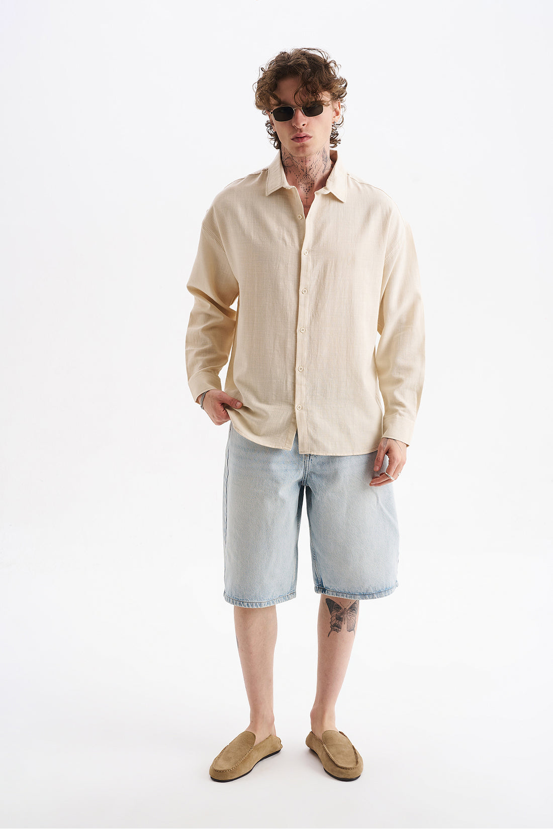 Keten Karışımlı %100 Pamuk Rahat Kalıp Düşük Omuz Erkek Sade Gömlek, Men's Plain Shirt