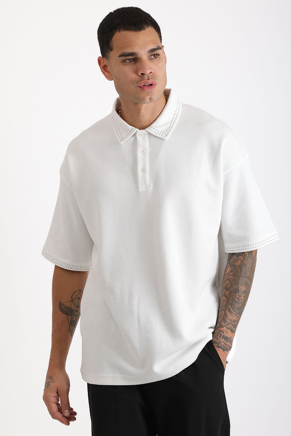 Yaka ve Kol Dikiş Detaylı Double Pike Kumaş Loose Fit Erkek Polo Yaka Tişört
