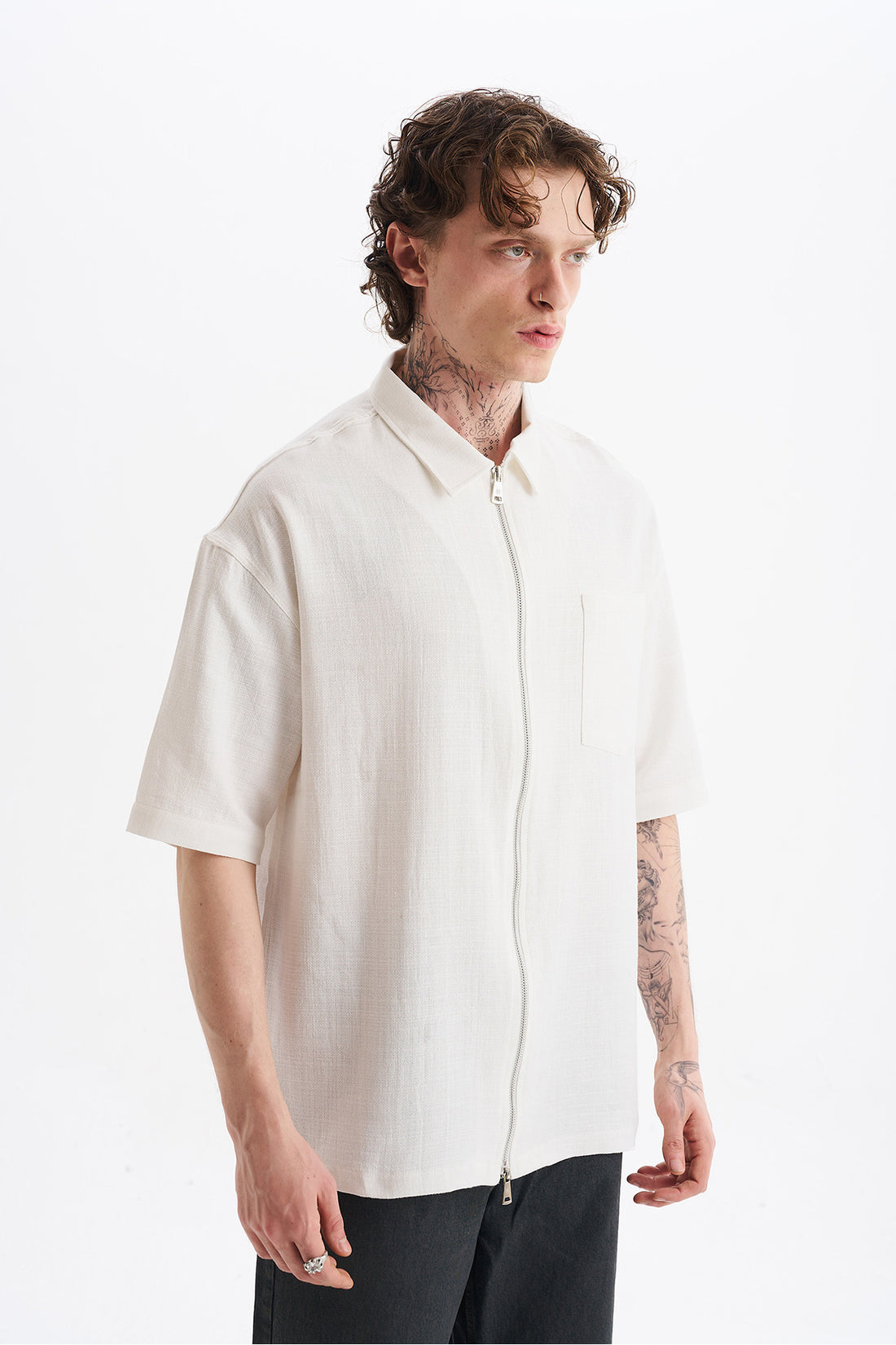 Keten Karışımlı, Rahat Kalıp, Düşük Omuz, Erkek Fermuar Kapamalı Sade Gömlek, Men's Plain Shirt