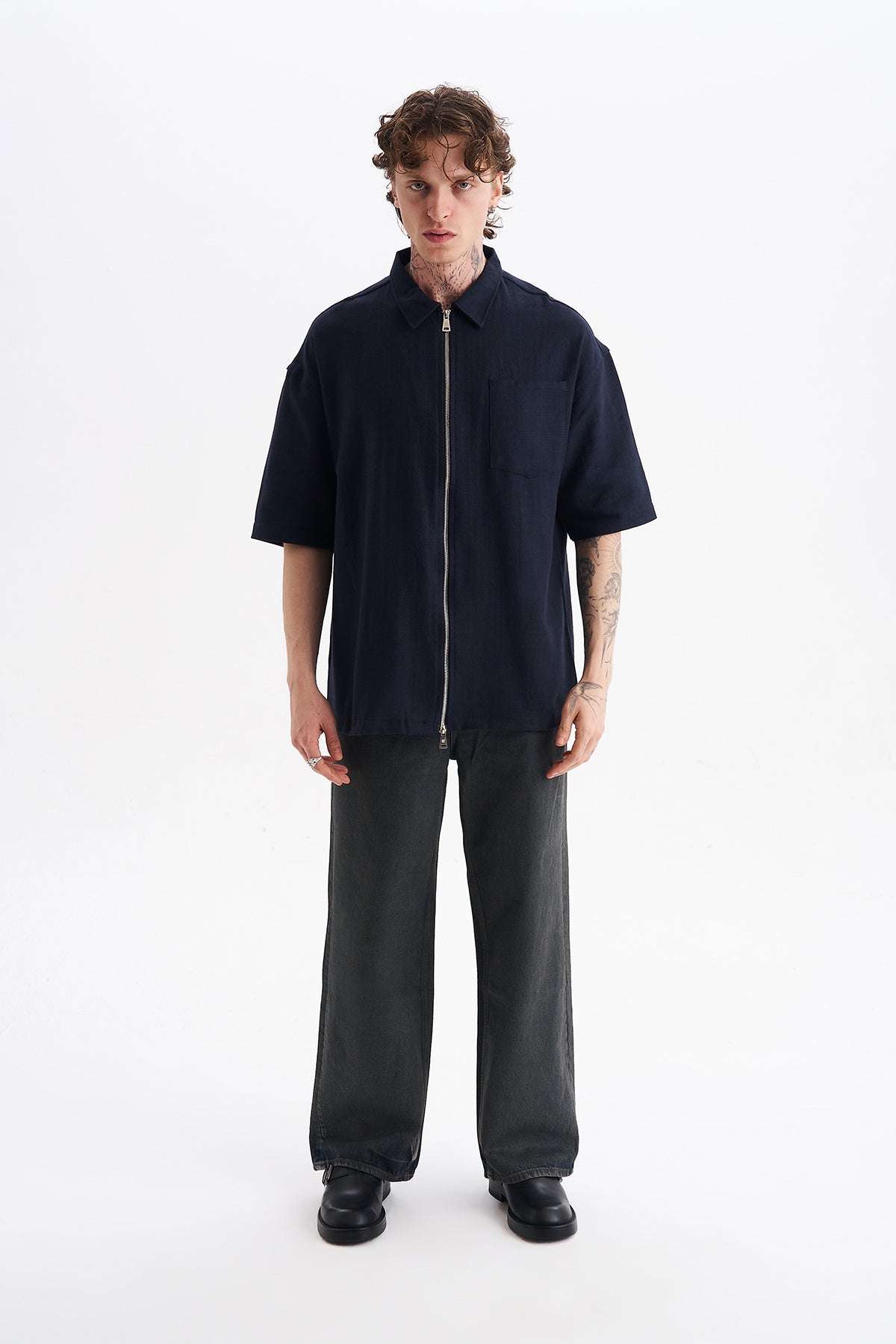 Keten Karışımlı, Rahat Kalıp, Düşük Omuz, Erkek Fermuar Kapamalı Sade Gömlek, Men's Plain Shirt | Renk: Lacivert