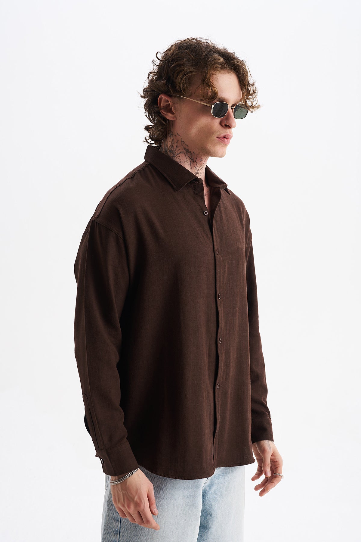 Keten Karışımlı %100 Pamuk Rahat Kalıp Düşük Omuz Erkek Sade Gömlek, Men's Plain Shirt