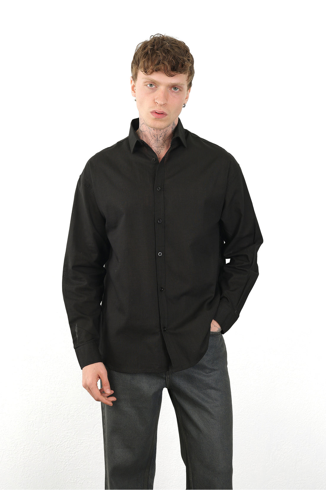 Keten Görünümlü %100 Pamuk Rahat Kalıp Düşük Omuz Erkek Sade Gömlek, Men's Plain Shirt