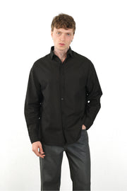 Keten Görünümlü %100 Pamuk Rahat Kalıp Düşük Omuz Erkek Sade Gömlek, Men's Plain Shirt | Renk: Siyah
