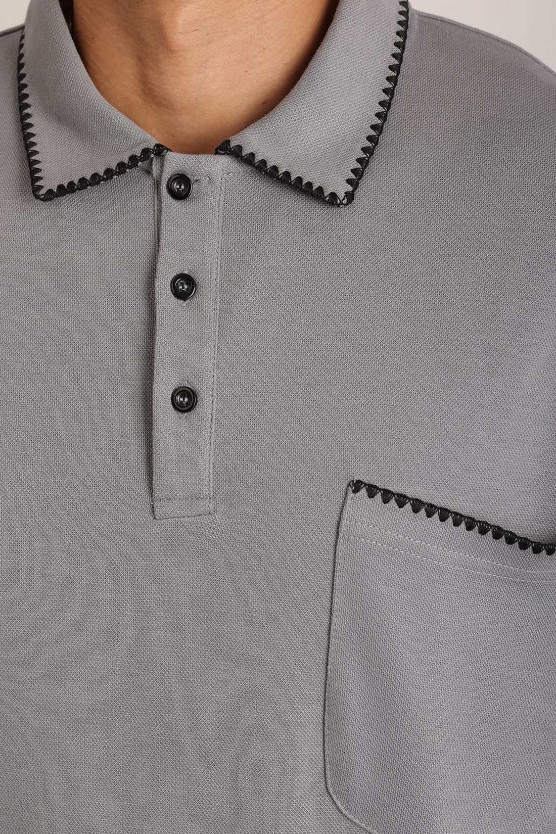 Yaka ve Cep Çoban Dikiş Detaylı Double Pike Kumaş Loose Fit Erkek Polo Yaka Tişört