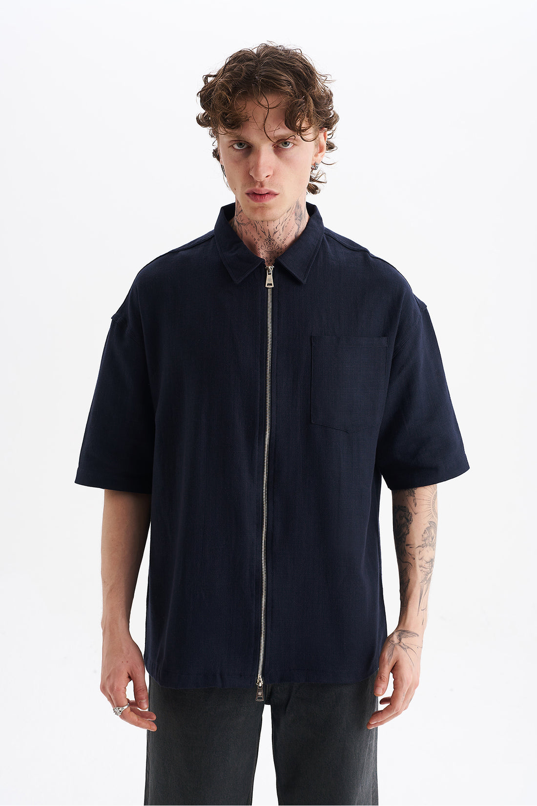 Keten Karışımlı, Rahat Kalıp, Düşük Omuz, Erkek Fermuar Kapamalı Sade Gömlek, Men's Plain Shirt