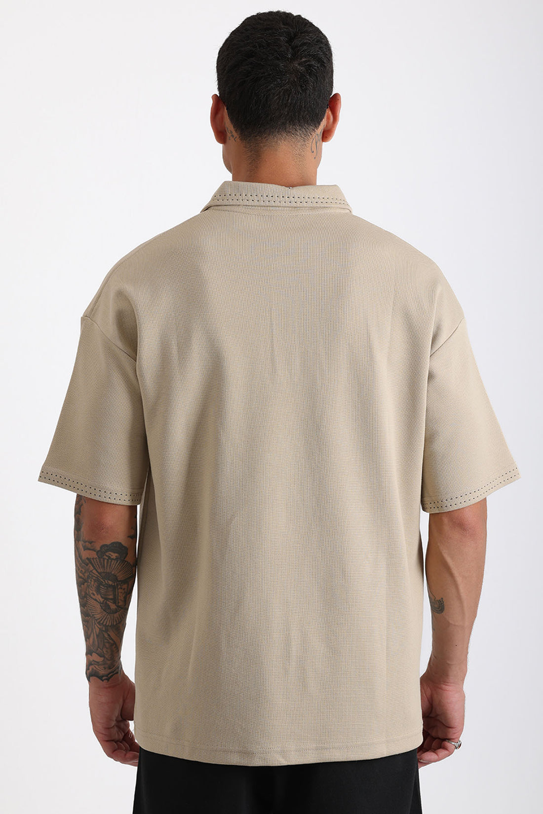 Yaka ve Kol Dikiş Detaylı Double Pike Kumaş Loose Fit Erkek Polo Yaka Tişört