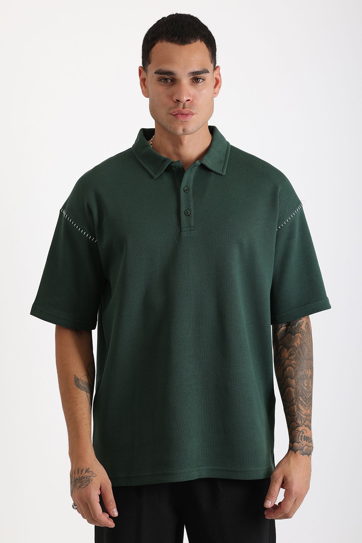 Omuz Çoban Dikiş Detaylı Double Pike Kumaş Loose Fit Erkek Polo Yaka Tişört | Renk: Nefti