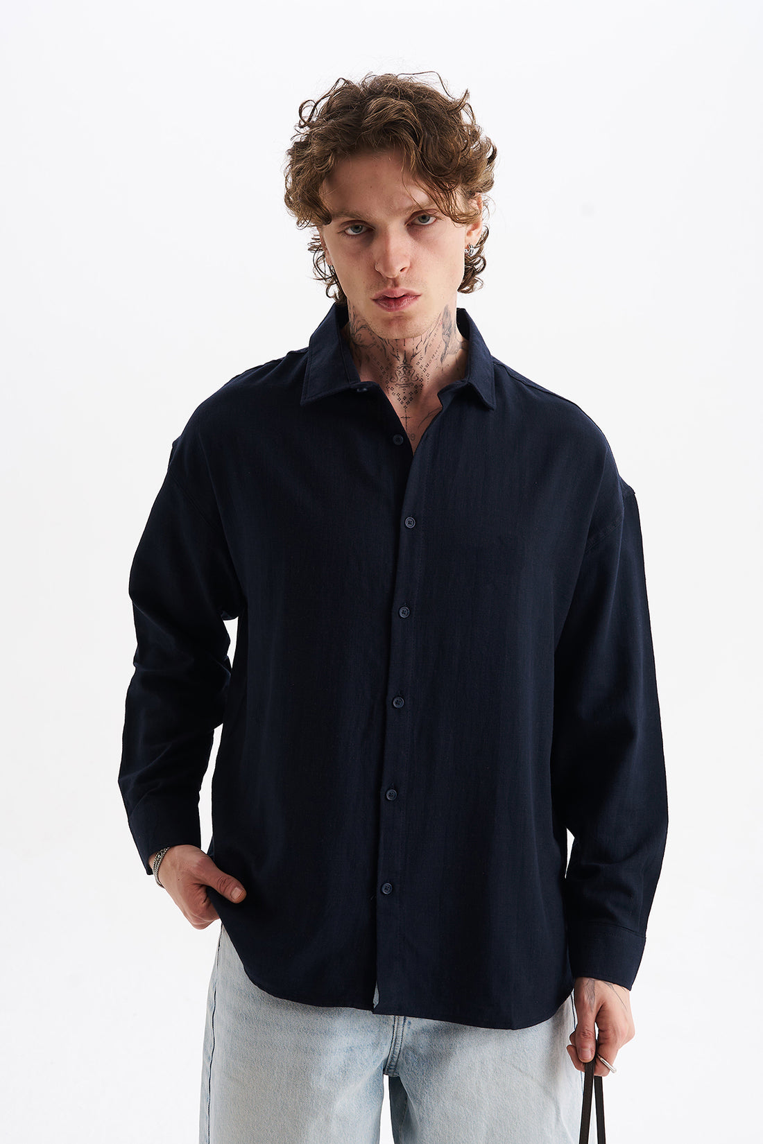 Keten Karışımlı %100 Pamuk Rahat Kalıp Düşük Omuz Erkek Sade Gömlek, Men's Plain Shirt