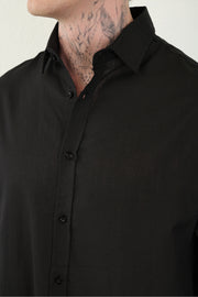Keten Görünümlü %100 Pamuk Rahat Kalıp Düşük Omuz Erkek Sade Gömlek, Men's Plain Shirt | Renk: Siyah