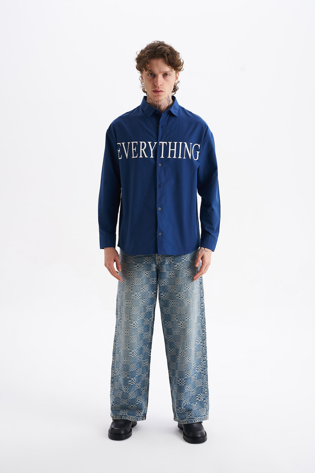 Poplin Kumaş, Rahat Kalıp Düşük Omuz, Erkek EVERYTHING Baskılı Gömlek, Men's Shirt