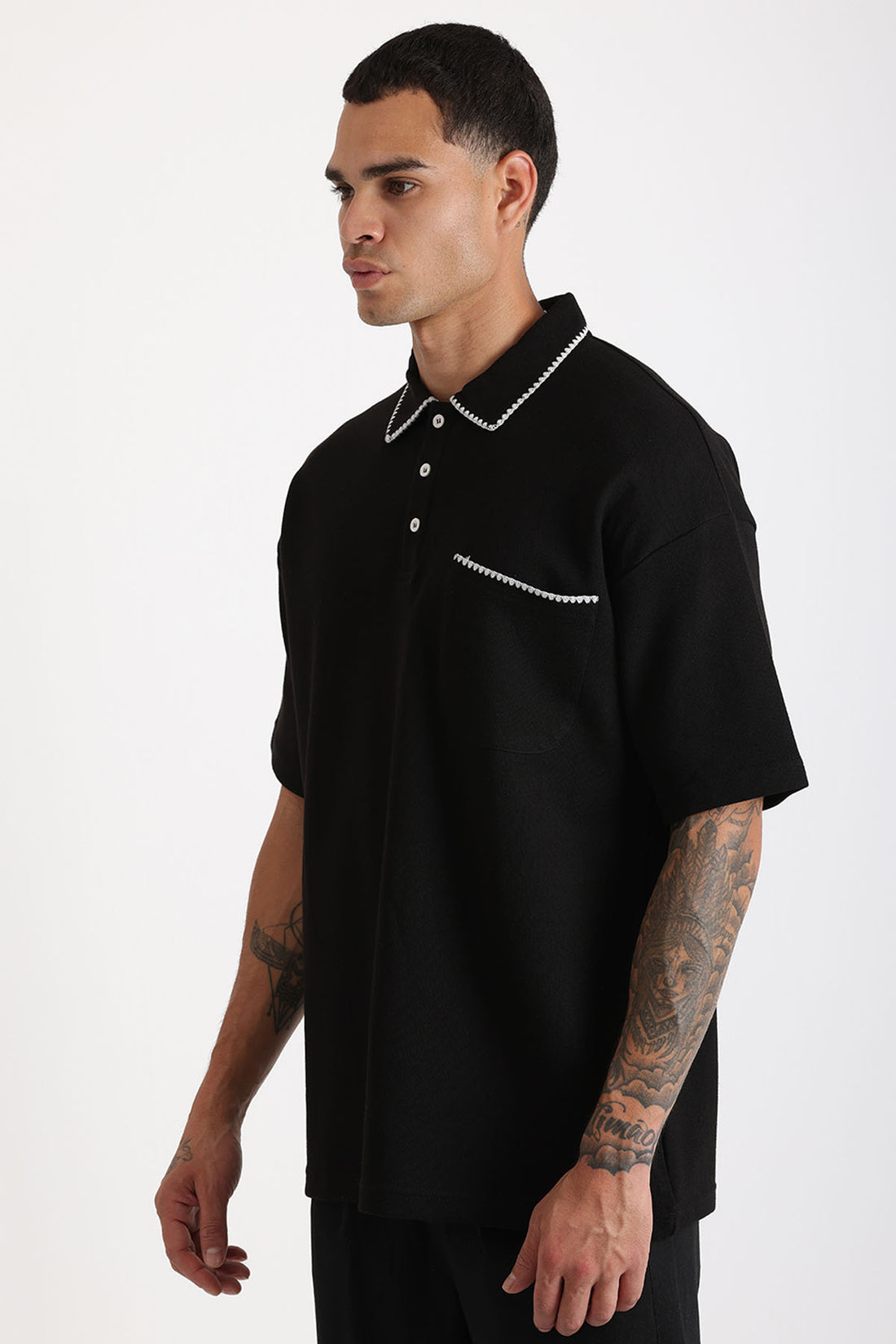 Yaka ve Cep Çoban Dikiş Detaylı Double Pike Kumaş Loose Fit Erkek Polo Yaka Tişört