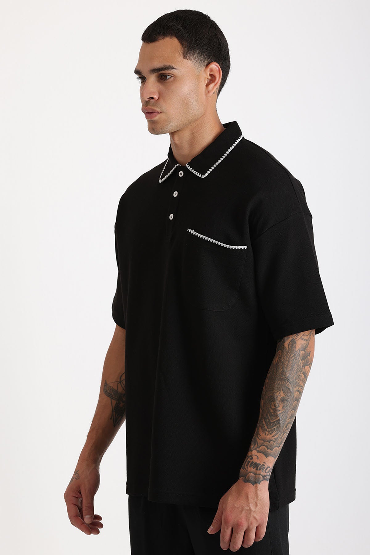 Yaka ve Cep Çoban Dikiş Detaylı Double Pike Kumaş Loose Fit Erkek Polo Yaka Tişört | Renk: Siyah