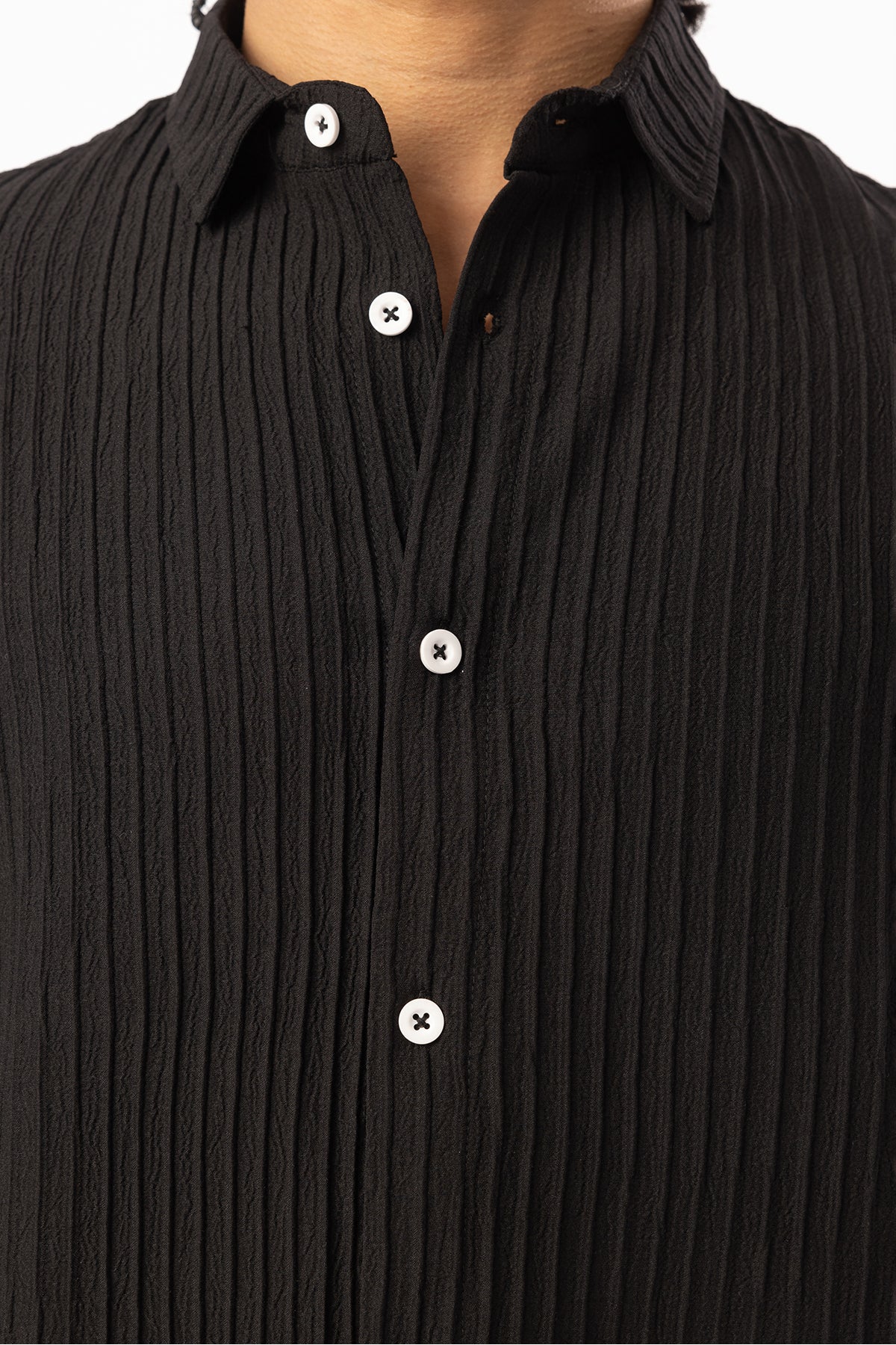 Kalın Örgülü Fitilli Kumaş Erkek Uzun Kollu Gömlek, Men's Long Sleeve Shirt | Renk: Siyah
