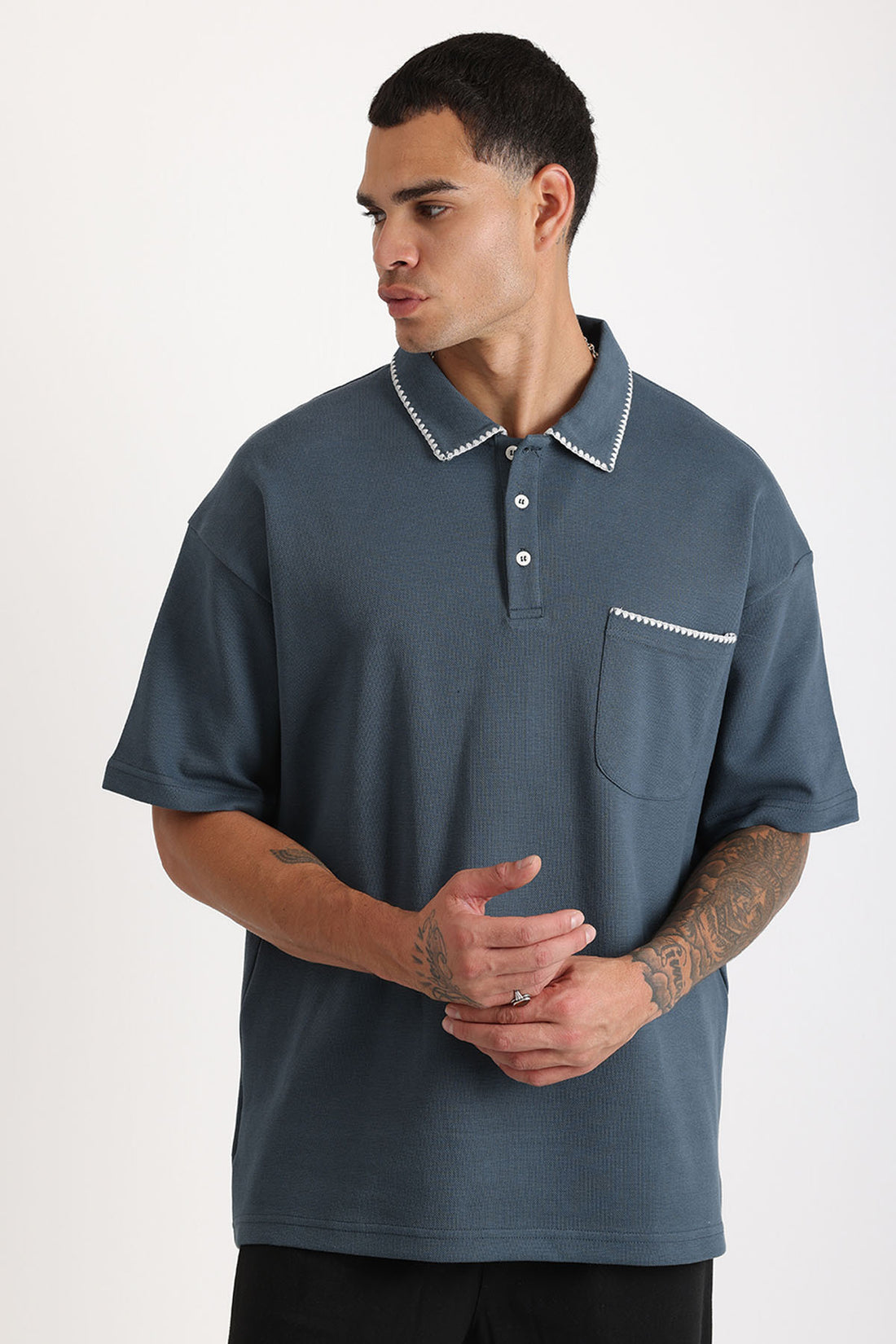 Yaka ve Cep Çoban Dikiş Detaylı Double Pike Kumaş Loose Fit Erkek Polo Yaka Tişört