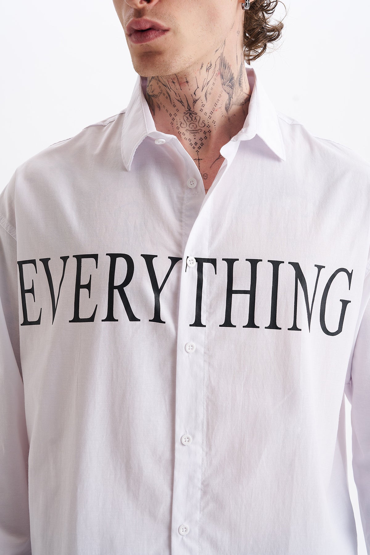 Poplin Kumaş, Rahat Kalıp Düşük Omuz, Erkek EVERYTHING Baskılı Gömlek, Men's Shirt | Renk: Beyaz