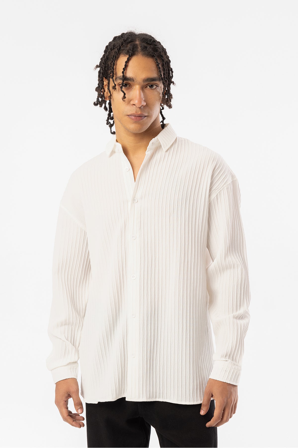 Kalın Örgülü Fitilli Kumaş Erkek Uzun Kollu Gömlek, Men's Long Sleeve Shirt | Renk: Ekru