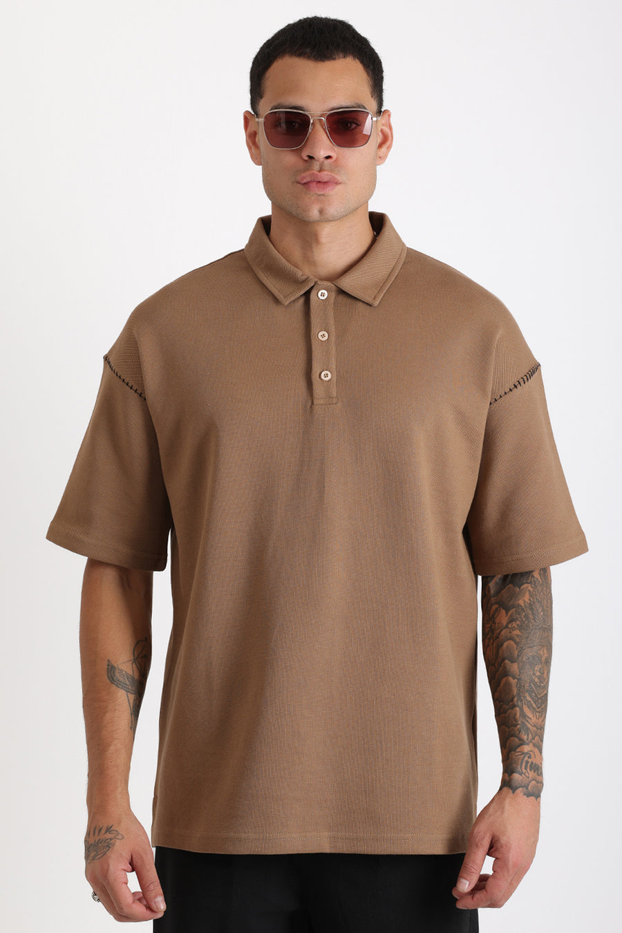 Omuz Çoban Dikiş Detaylı Double Pike Kumaş Loose Fit Erkek Polo Yaka Tişört