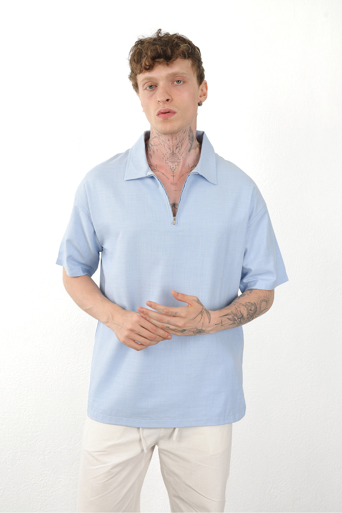 Keten Görünümlü %100 Pamuk Rahat Kalıp Düşük Omuz Fermuar Kapamalı Erkek Polo Yaka Tişört