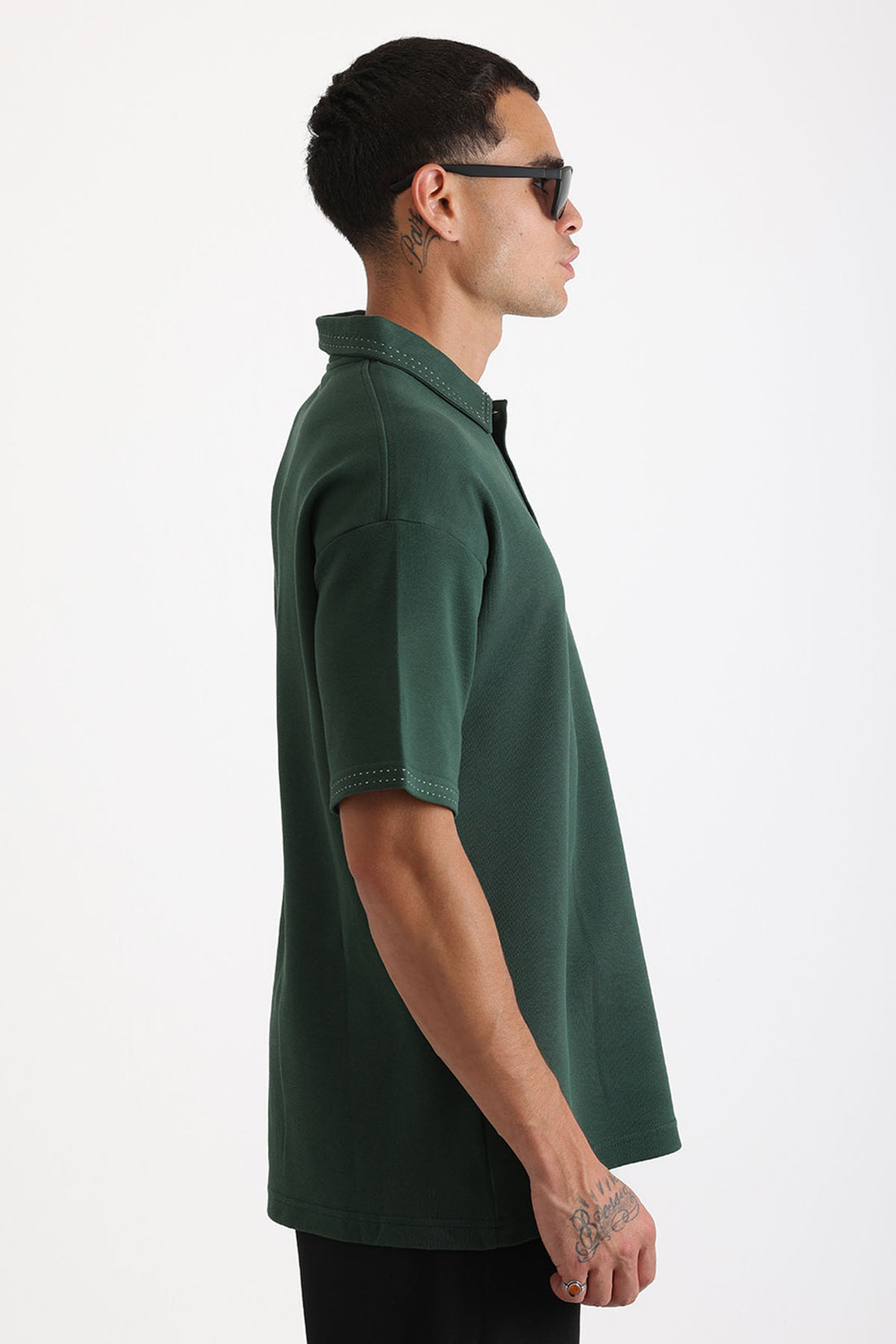Yaka ve Kol Dikiş Detaylı Double Pike Kumaş Loose Fit Erkek Polo Yaka Tişört