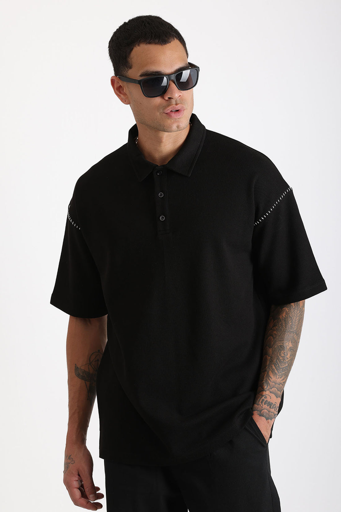 Omuz Çoban Dikiş Detaylı Double Pike Kumaş Loose Fit Erkek Polo Yaka Tişört