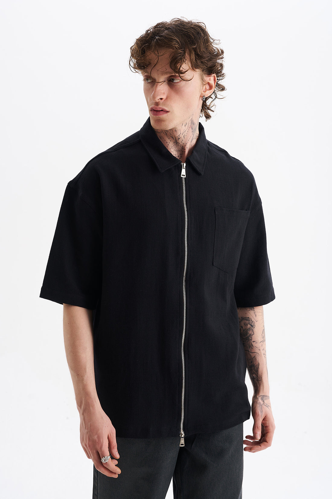 Keten Karışımlı, Rahat Kalıp, Düşük Omuz, Erkek Fermuar Kapamalı Sade Gömlek, Men's Plain Shirt