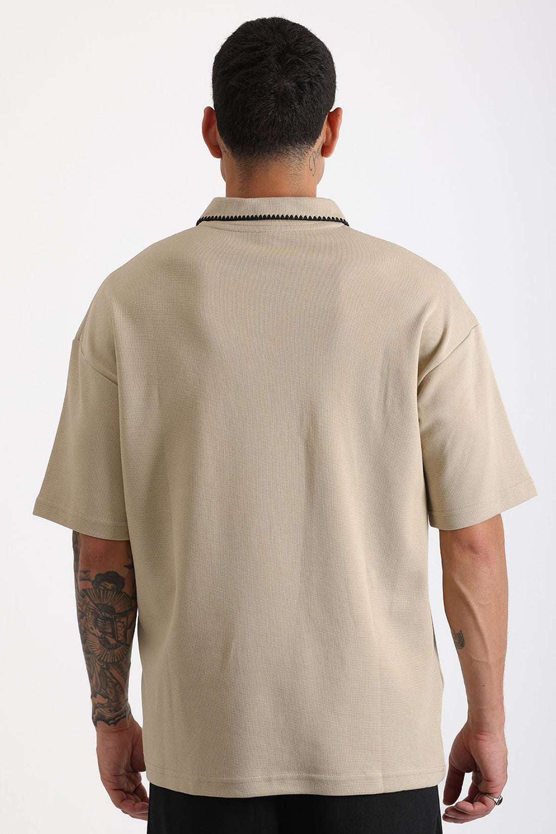 Yaka ve Cep Çoban Dikiş Detaylı Double Pike Kumaş Loose Fit Erkek Polo Yaka Tişört