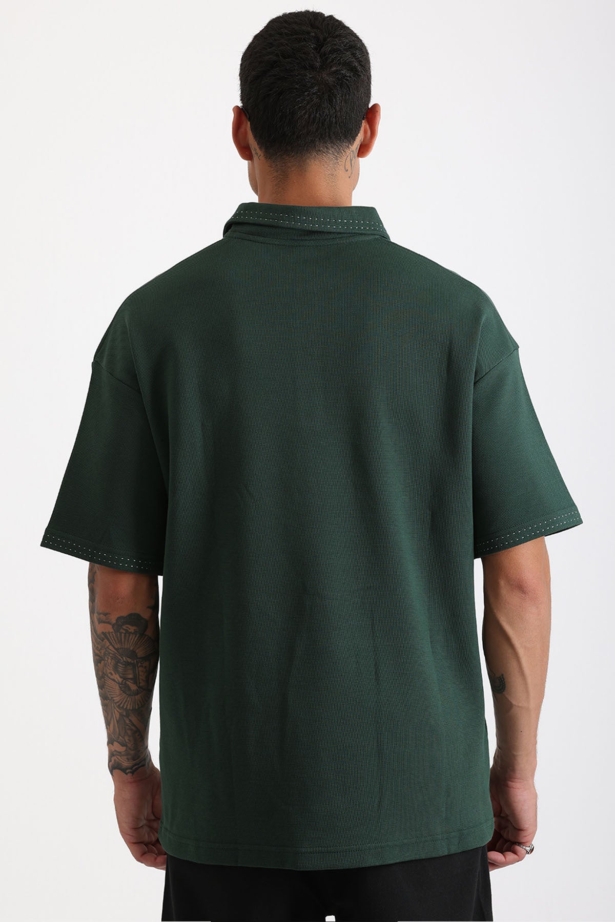 Yaka ve Kol Dikiş Detaylı Double Pike Kumaş Loose Fit Erkek Polo Yaka Tişört | Renk: Nefti