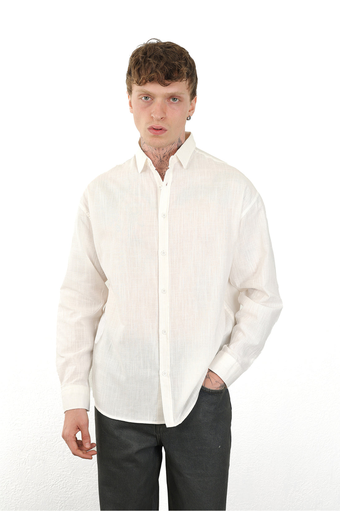 Keten Görünümlü %100 Pamuk Rahat Kalıp Düşük Omuz Erkek Sade Gömlek, Men's Plain Shirt
