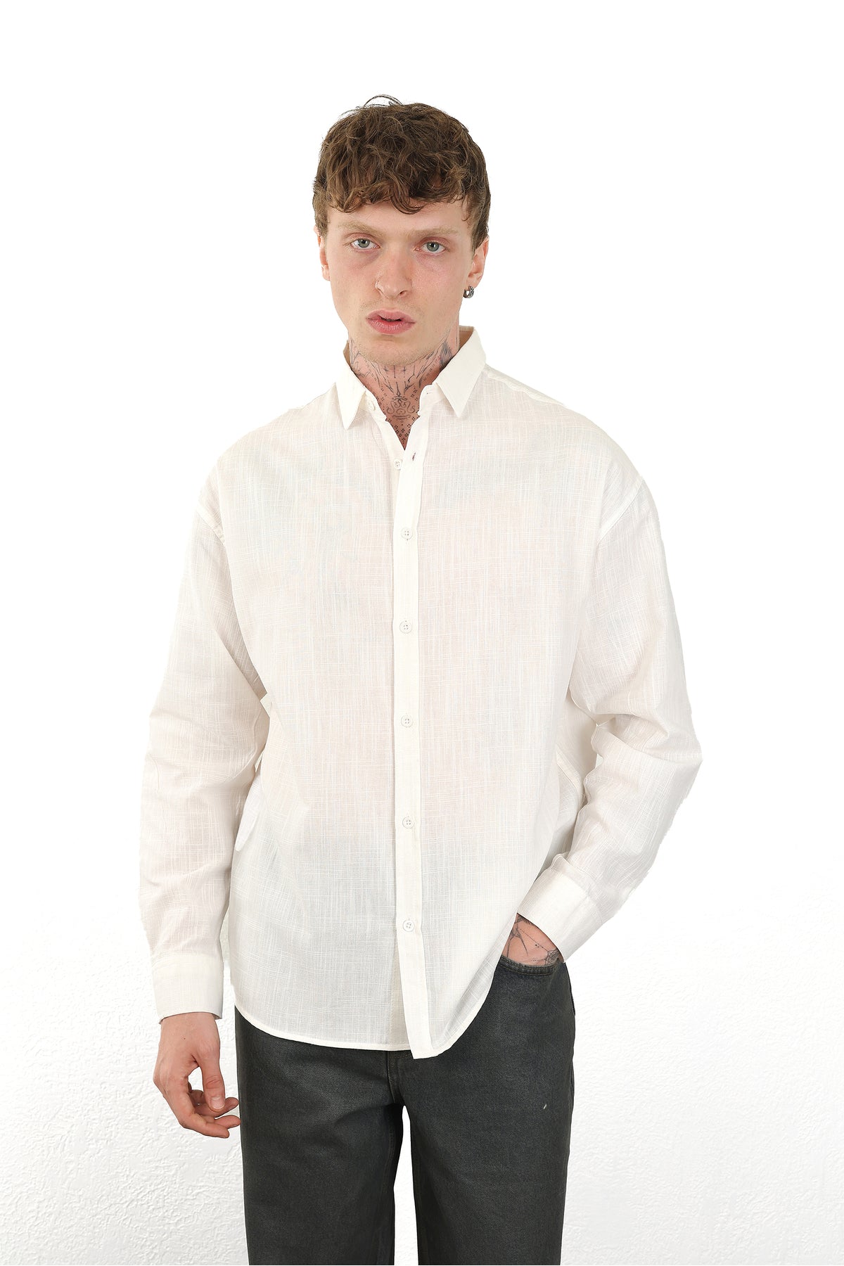 Keten Görünümlü %100 Pamuk Rahat Kalıp Düşük Omuz Erkek Sade Gömlek, Men's Plain Shirt | Renk: Ekru