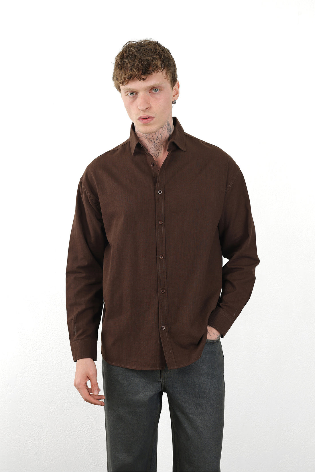 Keten Görünümlü %100 Pamuk Rahat Kalıp Düşük Omuz Erkek Sade Gömlek, Men's Plain Shirt