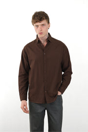 Keten Görünümlü %100 Pamuk Rahat Kalıp Düşük Omuz Erkek Sade Gömlek, Men's Plain Shirt | Renk: Kahverengi