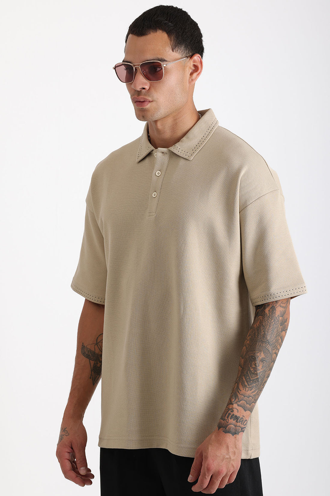 Yaka ve Kol Dikiş Detaylı Double Pike Kumaş Loose Fit Erkek Polo Yaka Tişört