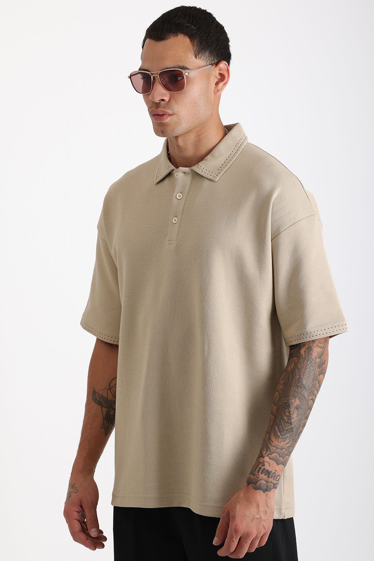 Yaka ve Kol Dikiş Detaylı Double Pike Kumaş Loose Fit Erkek Polo Yaka Tişört | Renk: Bej